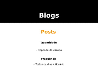 Quantidade - Depende do escopo Frequência - Todos os dias / Horário Blogs Posts 