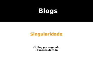 Blogs


Singularidade


 -1 blog por segundo
  - 3 meses de vida
 