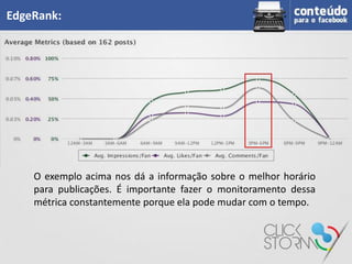 EdgeRank:




    O exemplo acima nos dá a informação sobre o melhor horário
    para publicações. É importante fazer o monitoramento dessa
    métrica constantemente porque ela pode mudar com o tempo.
 