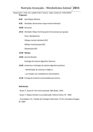 Nutrição Avançada – Metabolismo Animal 2011
Responsável – Profa. Dra. Izabelle A.M.A. Teixiera. Depto. Zootecnia –FCAV/UNESP
       Programa:

       8:30    Aula Mapas Mentais

       9:30    Atividade: Desenvolver mapa mental individual

       10:00 Descanso

       10:15 Atividade: Mapa mental grupal (cinco pessoas por grupo).

               Tema: Metabolismo

               1)Mapa mental individual (30’)

               2)Mapa mental grupal (30’)

               3)Exposição (30’)

       12:00 Almoço

       14:00 Aula de Revisão

               Fisiologia do sistema digestório (teórica)

       15:00 Anatomia e histologia do sistema digestório (prática)

               - Identificação de sistemas e órgãos e

               - sua relação com metabolismo intermediário.

       17:30 Entrega do material recomendado para leitura.



       Referências:

       - Buzan T.; Buzan B. The mind map book. BBC Books, 1993.

       - Buzan T. Mapas mentais e sua elaboração. Editora Cultrix, SP - 2005.

       - Cunningham J.G. Tratado de Fisiologia Veterinária. 4ª Ed. Guanabara-Koogan,
       RJ- 2004.
 