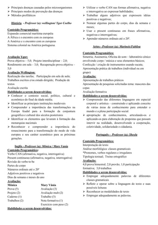  Principais doenças causadas pelos microorganismos         Utilizar o verbo CAN nas formas afirmativa, negativa
 Principais modos de prevenção das doenças                  e interrogativa ao expressar habilidades;
 Métodos profiláticos                                      Trabalhar alguns adjetivos que expressem idéias
                                                             positivas e negativas;
   História - Professor (a): wellington/ Ygor Coelho        Nomear algumas partes do corpo, dias da semana e
                                                             meses;
Conteúdo Programático:                                      Usar o present continuous em frases afirmativas,
Expansão comercial marítima européia                         negativas e interrogativas;
A África e o encontro com os europeus                       Aprender números ordinais até o 20º.
A América e o encontro com os europeus
Sistema colonial na América portuguesa.                            Artes - Professor (a): Marineis/Fabíloa

                                                           Conteúdo Programático:
Avaliação Ygor:                                            Simetria; Assimetria; Oficina do som – laboratório cênico
Prova objetiva – 5,0; Projeto interdisciplinar – 2,0;      envolvendo corpo / música e seus elementos básicos;
Rendimento em sala – 3,0; Recuperação prova objetiva –     Confecção / criação de instrumentos usando sucata;
5,0                                                        Apresentação prática de trabalhos (individual ou em
Avaliação Wellington:                                      grupo)
Realização das tarefas; Participação em sala de aula;      Avaliação:
Trabalhos escritos e/ou estudo dirigido; Produção de       Apresentação de trabalhos práticos
textos                                                     Apresentação de pesquisas solicitadas tema: mascotes das
Avaliação escrita                                          copas
Habilidades a serem desenvolvidas:                         Avaliação formativa
 Conhecer o contexto social, político, cultural e         Habilidades a serem desenvolvidas:
    econômico do final da idade média.                      Compreensão das diferentes linguagens em especial
 Identificar as principais instituições medievais            corporal e artística – construindo e aplicando conceito
 Compreender a importância das transformações na             de várias áreas de conhecimento para entender o
    Europa feudal para a formação da conjuntura               mundo e a plena participação social.
    geográfica e cultural dos séculos posteriores           apropriação de conhecimentos, articulando-os e
 Identificar os elementos que levaram à formação das         aplicando-os para elaboração de propostas que possam
    monarquias nacionais                                      intervir na realidade, desenvolvendo a cooperação,
 Reconhecer e compreender a importância do                   coletividade, solidariedade e cidadania.
    renascimento para a transformação do modo de vida
    europeu e seu caráter ecumênico para as próximas                  Português - Professor (a): Sheyla
    gerações.
                                                           Conteúdo Programático:
      Inglês - Professor (a): Mônica / Mary Vania          Interpretação de texto
Conteúdo Programático:                                     Análise morfológica: classes gramaticais
Verbo CAN (afirmativa, negativa, interrogativa)            *Pronomes, verbos regulares e irregulares
Present continuous (afirmativa, negativa, interrogativa)   Tipologia textual; Treino ortográfico
Revisão do verbo to be                                     Avaliação:
Partes do corpo                                            4,0 prova bimestral; 2,0 provão; 1,0 participação
Números ordinais até o 20º                                 formativa; 3,0 trabalhos
Adjetivos positivos e negativos                            Habilidades a serem desenvolvidas:
Dias da semana e meses do ano                               Empregar adequadamente palavras de diferentes
Avaliação:                                                    classes gramaticais
Mônica                       Mary Vânia                     Refletir e operar sobre a linguagem do texto e suas
Prova (5)                    Avaliação (3)                    possíveis leituras
Projeto (2)                  Avaliação mult (2)             Reconhecer as modalidades de texto
Caderno (1)                  Trabalho (3)                   Empregar adequadamente as palavras.
Trabalhos (2)                Nota formativa (1)
                             Exercício com peso (2)
Habilidades a serem desenvolvidas:
 