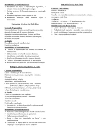 Habilidades a serem desenvolvidas:                                             PD1 - Professor (a): Mary Vânia
 Reconhecer em textos e representações figurativas, a
  natureza cíclica das transformações da água                    Conteúdo Programático:
 Explicar processos de formação, desgaste ou manutenção         Leitura e interpretação
  dos solos                                                      Produção de textos
 Reconhecer hipóteses sobre a origem da vida                    Trabalho com o jornal (comentários sobre manchetes, notícias,
 Reconhecer diferenças entre bactérias, algas e                 reportagens, etc.); filme
  protozoários.                                                  Avaliação:
                                                                 Avaliação – 3,0; Provão – 2,0; Nota formativa – 1,0
          Matemática - Professor (a): Helio Lima                 Produção textual – 2,0; Relatório (filme) – 2,0
                                                                 Habilidades a serem desenvolvidas:
Conteúdo Programático:                                            Leitura – discussão – resolução de exercícios
Números decimais; Notação decimal; Registro de medidas            Produção textual – narração – descrição – aula explicativa
decimais; Comparação de números decimais                          Jornal – trabalhando a imagem com uso das características
Operações com números decimais; Dízimas periódicas                Filme – interpretação oral e escrita
Problemas envolvendo números decimais; Porcentagens;
Problemas envolvendo
Avaliação:
Prova; Projeto (provão interdisciplinar)
Exercícios avaliativos
Habilidades a serem desenvolvidas:
 Conhecer a representação dos números fracionários na
   forma decimal
 Efetuar cálculos envolvendo números decimais
 Identificar as propriedades dos números decimais
 Resolver problemas que envolva números decimais
 Conhecer as formas e representação da porcentagem
 Resolver e discutir problemas que envolva a porcentagem

        Português - Professor (a): Tatiane de Freitas

Conteúdo Programático:
Leitura e interpretação de textos diversos
Paráfrase, resumo, construção de parágrafos e períodos
Ortografia
Aprendendo a fazer redação
Adquirindo o hábito de ler livros
Classes gramaticais (exceto pronome, verbo e advérbio
         (substantivo, adjetivo, artigo definido, artigo
indefinido, numeral, interjeição, conunção, preposição)
• Plano flexível sujeito a modificações
Avaliação:
Exercícios em sala e para casa (caderno).
Avaliações interpretativas, escritas e oralmente
Análise de obra literária
Trabalhos em sala
Participação, organização.
 A pontuação e as datas das avaliações estão na agenda
    bimestral do caderno do aluno.
Habilidades a serem desenvolvidas:
 Melhorar a leitura e interpretação, criando um olhar crítico
 Identificar e classificar as classes gramaticais
 Melhorando a escrita e a leitura
 Tornar o aluno um “pesquisador de livros” e com
    questionamentos
 Desenvolver as noções básicas para uso da norma culta
    sempre que o aluno precisar em seu cotidiano
 