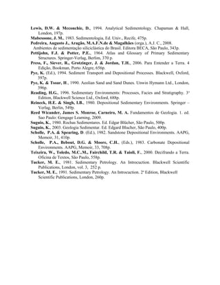 Lewis, D.W. & Mcconchie, D., 1994. Analytical Sedimentology. Chapaman & Hall,
    London, 197p.
Mabesoone, J. M., 1983. Sedimentologia, Ed. Univ., Recife, 475p.
Pedreira, Augusto J., Aragão, M.A.F.N.de & Magalhães (orga.), A.J. C., 2008.
 Ambientes de sedimentação siliciclástica do Brasil. Editora BECA, São Paulo, 343p.
Pettijohn, F.J. & Potter, P.E., 1964. Atlas and Glossary of Primary Sedimentary
    Structures. Springer-Verlag, Berlim, 370 p.
Press, F., Siever, R., Grotzinger, J. & Jordan, T.H., 2006. Para Entender a Terra. 4
    Edição, Bookman, Porto Alegre, 656p.
Pye, K. (Ed.), 1994. Sediment Transport and Depositional Processes. Blackwell, Oxford,
    397p.
Pye, K. & Tsoar, H., 1990. Aeolian Sand and Sand Dunes. Unwin Hymann Ltd., London,
    396p.
Reading, H.G., 1996. Sedimentary Environments: Processes, Facies and Stratigraphy. 3 a
    Edition, Blackwell Science Ltd., Oxford, 688p.
Reineck, H.E. & Singh, I.B., 1980. Depositional Sedimentary Environments. Springer –
    Verlag, Berlin, 549p.
Reed Wicander, James S. Monroe, Carneiro, M. A. Fundamentos de Geologia. 1. ed.
    Sao Paulo: Gengage Learning, 2009.
Suguio, K., 1980. Rochas Sedimentares. Ed. Edgar Blücher, São Paulo, 500p.
Suguio, K., 2003. Geologia Sedimentar. Ed. Edgard Blucher, São Paulo, 400p.
Scholle, P.A. & Spearing, D. (Ed.), 1982. Sandstone Depositional Environments. AAPG,
    Memoir, 31, 410p.
Scholle, P.A., Bebout, D.G. & Moore, C.H., (Eds.), 1983. Carbonate Depositional
    Environments. AAPG, Memoir, 33, 708p.
Teixeira, W., Toledo, M.C..M., Fairchild, T.R. & Taioli, F., 2000. Decifrando a Terra.
    Oficina de Textos, São Paulo, 558p.
Tucker, M. E., 1981. Sedimentary Petrology. An Introcuction. Blackwell Scientific
    Publications, London, vol. 3, 252 p.
Tucker, M. E., 1991. Sedimentary Petrology. An Introcuction. 2a Edition, Blackwell
    Scientific Publications, London, 260p.
 