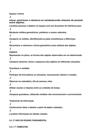 Espaço e forma
„Ï
situar, posicionar e deslocar-se estabelecendo relações de posição
entre objetos.
Localizar pessoas e objetos no espaço com uso de pontos de referência para
„Ï
Manipular sólidos geométricos: poliedros e corpos redondos.
„Ï
Comparar os sólidos, identificando-os pelas semelhanças e diferenças.
„Ï
Reconhecer e relacionar a forma geométrica como atributo dos objetos.
„Ï
espaço.
Representar no plano, as formas dos objetos observados em um determinado
„Ï
Comparar tamanho, forma e espessura dos objetos em diferentes situações.


Grandezas e medidas
„Ï
Participar de brincadeiras ou situações, manuseando cédulas e moedas.
„Ï
Observar no calendário ( dia da semana, mês).
„Ï
Utilizar noções e relações entre as unidades de tempo.
„Ï
Comparar grandezas, utilizando medidas não-convencionais e convencionais.


Tratamento da Informação
„Ï
Confeccionar listas e tabelas a partir de dados coletados.
„Ï
Localizar informação em tabelas simples.


9.3. 3º ANO DO ENSINO FUNDAMENTAL


9.3.1 1º TRIMESTRE
 