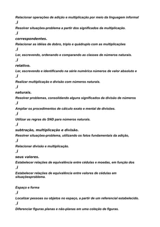 Relacionar operações de adição e multiplicação por meio da linguagem informal
„Ï
Resolver situações-problema a partir dos significados da multiplicação.
„Ï
correspondentes.
Relacionar as idéias de dobro, triplo e quádruplo com as multiplicações
„Ï
Ler, escrevendo, ordenando e comparando as classes de números naturais.
„Ï
relativo.
Ler, escrevendo e identificando na série numérica números de valor absoluto e
„Ï
Realizar multiplicação e divisão com números naturais.
„Ï
naturais.
Resolver problemas, consolidando alguns significados da divisão de números
„Ï
Ampliar os procedimentos de cálculo exato e mental de divisões.
„Ï
Utilizar as regras do SND para números naturais.
„Ï
subtração, multiplicação e divisão.
Resolver situações-problema, utilizando os fatos fundamentais da adição,
„Ï
Relacionar divisão e multiplicação.
„Ï
seus valores.
Estabelecer relações de equivalência entre cédulas e moedas, em função dos
„Ï
Estabelecer relações de equivalência entre valores de cédulas em
situaçõesproblema.


Espaço e forma
„Ï
Localizar pessoas ou objetos no espaço, a partir de um referencial estabelecido.
„Ï
Diferenciar figuras planas e não-planas em uma coleção de figuras.
 
