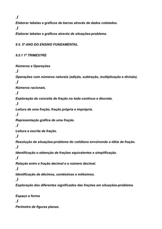 „Ï
Elaborar tabelas e gráficos de barras através de dados coletados.
„Ï
Elaborar tabelas e gráficos através de situações-problema.


9.5. 5º ANO DO ENSINO FUNDAMENTAL


9.5.1 1º TRIMESTRE


Números e Operações
„Ï
Operações com números naturais (adição, subtração, multiplicação e divisão).
„Ï
Números racionais.
„Ï
Exploração do conceito de fração no todo contínuo e discreto.
„Ï
Leitura de uma fração, fração própria e imprópria.
„Ï
Representação gráfica de uma fração.
„Ï
Leitura e escrita de fração.
„Ï
Resolução de situações-problema do cotidiano envolvendo a idéia de fração.
„Ï
Identificação e obtenção de frações equivalentes e simplificação.
„Ï
Relação entre a fração decimal e o número decimal.
„Ï
Identificação de décimos, centésimos e milésimos.
„Ï
Exploração dos diferentes significados das frações em situações-problema.


Espaço e forma
„Ï
Perímetro de figuras planas.
 
