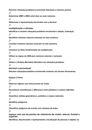 Resolver situações-problema envolvendo fatoração e números primos.
„Ï
Determinar MMC e MDC entre dois ou mais números.
„Ï
Relacionar a representação fracionária com a decimal.
„Ï
multiplicação e divisão.
Identificar e resolver situações-problema envolvendo a adição, subtração,
„Ï
Identificar números naturais racionais na reta numérica.
„Ï
Localizar números naturais racionais na reta numérica.
„Ï
Construir os fatos fundamentais da multiplicação.
„Ï
Utilizar as regras do SND para números naturais e racionais.
„Ï
Utilizar o Sistema Monetário Brasileiro em situações-problema.
„Ï
decimal e percentual.
Resolver situações-problema envolvendo números nas formas fracionárias,


Espaço e forma
„Ï
Observar objetos sob vários pontos de vistas.
„Ï
Reconhecer semelhanças e diferenças entre poliedros e corpos redondos.
„Ï
Classificar sólidos geométricos: poliedros e corpos redondos.
„Ï
Identificar polígonos.
„Ï
Classificar polígonos de acordo com números de lados.
„Ï
espaço com uso de pontos de referência de vistas: lateral, frontal e
superior.
Identificar, descrevendo e representando a localização de pessoas e objetos no
 