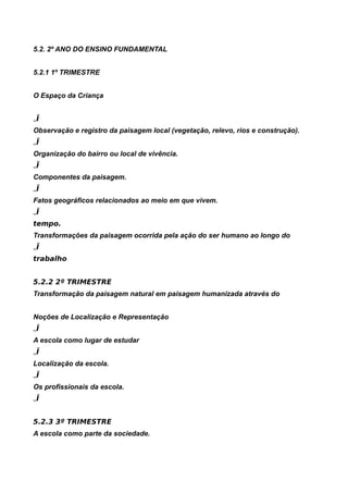 5.2. 2º ANO DO ENSINO FUNDAMENTAL


5.2.1 1º TRIMESTRE


O Espaço da Criança


„Ï
Observação e registro da paisagem local (vegetação, relevo, rios e construção).
„Ï
Organização do bairro ou local de vivência.
„Ï
Componentes da paisagem.
„Ï
Fatos geográficos relacionados ao meio em que vivem.
„Ï
tempo.
Transformações da paisagem ocorrida pela ação do ser humano ao longo do
„Ï
trabalho


5.2.2 2º TRIMESTRE
Transformação da paisagem natural em paisagem humanizada através do


Noções de Localização e Representação
„Ï
A escola como lugar de estudar
„Ï
Localização da escola.
„Ï
Os profissionais da escola.
„Ï


5.2.3 3º TRIMESTRE
A escola como parte da sociedade.
 