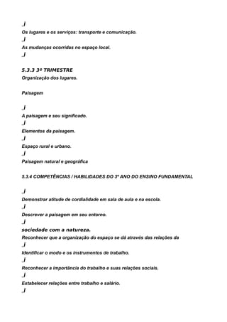 „Ï
Os lugares e os serviços: transporte e comunicação.
„Ï
As mudanças ocorridas no espaço local.
„Ï


5.3.3 3º TRIMESTRE
Organização dos lugares.


Paisagem


„Ï
A paisagem e seu significado.
„Ï
Elementos da paisagem.
„Ï
Espaço rural e urbano.
„Ï
Paisagem natural e geográfica


5.3.4 COMPETÊNCIAS / HABILIDADES DO 3º ANO DO ENSINO FUNDAMENTAL


„Ï
Demonstrar atitude de cordialidade em sala de aula e na escola.
„Ï
Descrever a paisagem em seu entorno.
„Ï
sociedade com a natureza.
Reconhecer que a organização do espaço se dá através das relações da
„Ï
Identificar o modo e os instrumentos de trabalho.
„Ï
Reconhecer a importância do trabalho e suas relações sociais.
„Ï
Estabelecer relações entre trabalho e salário.
„Ï
 