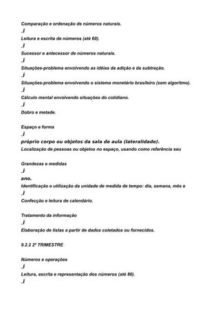 Comparação e ordenação de números naturais.
„Ï
Leitura e escrita de números (até 60).
„Ï
Sucessor e antecessor de números naturais.
„Ï
Situações-problema envolvendo as idéias da adição e da subtração.
„Ï
Situações-problema envolvendo o sistema monetário brasileiro (sem algoritmo).
„Ï
Cálculo mental envolvendo situações do cotidiano.
„Ï
Dobro e metade.


Espaço e forma
„Ï
próprio corpo ou objetos da sala de aula (lateralidade).
Localização de pessoas ou objetos no espaço, usando como referência seu


Grandezas e medidas
„Ï
ano.
Identificação e utilização da unidade de medida de tempo: dia, semana, mês e
„Ï
Confecção e leitura de calendário.


Tratamento da informação
„Ï
Elaboração de listas a partir de dados coletados ou fornecidos.


9.2.2 2º TRIMESTRE


Números e operações
„Ï
Leitura, escrita e representação dos números (até 80).
„Ï
 