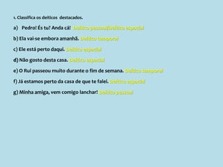 1. Classifica os deíticos destacados.
a) Pedro! És tu? Anda cá! Deítico pessoal/Deítico espacial
b) Ela vai-se embora amanhã. Deítico temporal
c) Ele está perto daqui. Deítico espacial
d) Não gosto desta casa. Deítico espacial
e) O Rui passeou muito durante o fim de semana. Deítico temporal
f) Já estamos perto da casa de que te falei. Deítico espacial
g) Minha amiga, vem comigo lanchar! Deítico pessoal
 