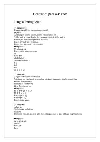 Conteúdos para o 4º ano:
Língua Portuguesa:
1º bimestre:
Encontro vocálico e encontro consonantal
Dígrafos
Acentuação: acento agudo , acento circunflexo e til
Sílaba tônica- classificação das palavras quanto à sílaba tônica
Pontuação: uso de dois pontos e travessão
Frases afirmativas e negativas
Frases interrogativas e exclamativas
Ortografia:
M antes de p e b
Emprego do an-en-in-on-un
ss
Sons de x
al-el-il-ol-ul
Som com som de z
l-u
l-lh
r-rr
ar-er-ir-or-ur
2º bimestre:
Artigos: definidos e indefinidos
Substantivos: – substantivo próprio e substantivo comum, simples e composto
Gênero do substantivo
Número do substantivo
Grau do substantivo
Ortografia
br-cr-dr-fr-gr-pr-tr-vr
bl-cl-fl-gl-pl-tl
Emprego do g-j
Emprego C -Ç
Emprego do qu-gu
3º bimestre:
Adjetivos
Sinônimos e antônimos
Numeral
Pronomes pessoais do caso reto, pronomes pessoais do caso oblíquo e de tratamento
Ortografia
az-ez-iz-oz-uz
am-ão
isar-izar
há-a

 