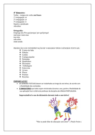 4º bimestre:
Verbo – tempos do verbo em frases
1ª conjugação: ar
2ª conjugação: er
3ª conjugação: ir
Sujeito e predicado
Advérbio
Ortografia:
Emprego dos Por que/porque/ por quê/porquê
mal-mau/ mais-mas
traz-trás
sob-sobre
onde-aonde

PRODUÇÃO E/OU INTERPRETAÇÃO DE VARIADOS TIPOS E GÊNEROS TEXTUAIS:















Contos de fada
Fábulas
Lendas
Cantiga popular
Parlendas
Quadrinhos
Dicionário
Embalagem
Entrevista
Avisos
Placas
Poemas
Receitas.

IMPORTANTE!

 OS GÊNEROS TEXTUAIS devem ser trabalhados ao longo do ano letivo, de acordo com
a flexibilidade dos conteúdos.
 É OBRIGATÓRIO que todos sejam ministrados durante o ano, porém a flexibilidade de
sua aplicação fica à critério do professor da disciplina de LÍNGUA PORTUGUESA.

Imprescindível o uso do dicionário durante todo o ano letivo!

"Não se pode falar de educação sem amor". ( Paulo Freire )

 