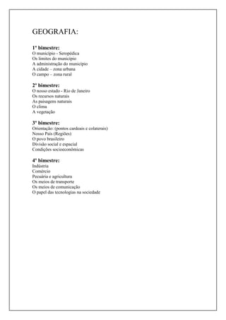 GEOGRAFIA:
1º bimestre:
O município - Seropédica
Os limites do município
A administração do município
A cidade – zona urbana
O campo – zona rural

2º bimestre:
O nosso estado - Rio de Janeiro
Os recursos naturais
As paisagens naturais
O clima
A vegetação

3º bimestre:
Orientação: (pontos cardeais e colaterais)
Nosso País (Regiões)
O povo brasileiro
Divisão social e espacial
Condições socioeconômicas

4º bimestre:
Indústria
Comércio
Pecuária e agricultura
Os meios de transporte
Os meios de comunicação
O papel das tecnologias na sociedade

 