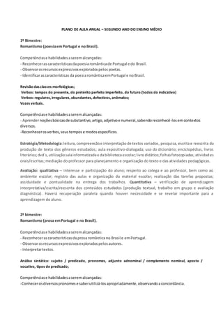 PLANO DE AULA ANUAL – SEGUNDO ANO DO ENSINO MÉDIO
1º Bimestre:
Romantismo (poesiaemPortugal e no Brasil).
Competênciase habilidadesaseremalcançadas:
- Reconhecerascaracterísticasda poesiaromânticade Portugal e do Brasil.
- Observarosrecursosexpressivosexploradospelospoetas.
- Identificarascaracterísticas da poesiaromânticaemPortugal e no Brasil.
Revisão das classes morfológicas;
Verbos: tempos do presente, do pretérito perfeito imperfeito, do futuro (todos do indicativo)
Verbos: regulares, irregulares, abundantes, defectivos, anômalos;
Vozes verbais.
Competênciase habilidadesaseremalcançadas:
- Aprendernoçõesbásicasde substantivo,artigo,adjetivoe numeral,sabendoreconhecê-losemcontextos
diversos.
-Reconhecerosverbos,seustempose modosespecíficos.
Estratégia/Metodologia:leitura, compreensãoe interpretação de textos variados, pesquisa, escrita e reescrita da
produção de texto dos gêneros estudados; aula expositivo-dialogada; uso do dicionário; enciclopédias, livros
literários;dvd´s,utilizaçãosalainformatizadae dabibliotecaescolar;livrodidático;folhasfotocopiadas; atividades
orais/escritas; mediação do professor para planejamento e organização do texto e das atividades pedagógicas.
Avaliação: qualitativa – interesse e participação do aluno; respeito ao colega e ao professor, bem como ao
ambiente escolar; registro das aulas e organização do material escolar; realização das tarefas propostas;
assiduidade e pontualidade na entrega dos trabalhos. Quantitativa – verificação de aprendizagem
interpretativa/escrita/reescrita dos conteúdos estudados (produção textual, trabalho em grupo e avaliação
diagnóstica). Haverá recuperação paralela quando houver necessidade e se revelar importante para a
aprendizagem do aluno.
2º bimestre:
Romantismo (prosa emPortugal e no Brasil).
Competênciase habilidadesaseremalcançadas:
- Reconhecerascaracterísticasda prosa românticano Brasil e emPortugal.
- Observarosrecursosexpressivosexploradospelosautores.
- Interpretartextos.
Análise sintática: sujeito / predicado, pronomes, adjunto adnominal / complemento nominal, aposto /
vocativo, tipos de predicado;
Competênciase habilidadesaseremalcançadas:
-Conhecerosdiversospronomese saberutilizá-losapropriadamente,observandoaconcordância.
 