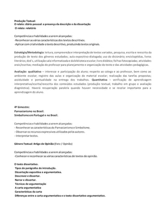 Produção Textual:
O relato: diário pessoal: a presença da descrição e da dissertação
O relato: relatório
Competênciase habilidadesaseremalcançadas:
-Reconhecerasváriascaracterísticasdos textosdescritivos.
-Aplicarcomcriatividade otextodescritivo,produzindotextosoriginais.
Estratégia/Metodologia:leitura, compreensãoe interpretação de textos variados, pesquisa, escrita e reescrita da
produção de texto dos gêneros estudados; aula expositivo-dialogada; uso do dicionário; enciclopédias, livros
literários;dvd´s,utilizaçãosalainformatizadae dabibliotecaescolar;livrodidático;folhasfotocopiadas; atividades
orais/escritas; mediação do professor para planejamento e organização do texto e das atividades pedagógicas.
Avaliação: qualitativa – interesse e participação do aluno; respeito ao colega e ao professor, bem como ao
ambiente escolar; registro das aulas e organização do material escolar; realização das tarefas propostas;
assiduidade e pontualidade na entrega dos trabalhos. Quantitativa – verificação de aprendizagem
interpretativa/escrita/reescrita dos conteúdos estudados (produção textual, trabalho em grupo e avaliação
diagnóstica). Haverá recuperação paralela quando houver necessidade e se revelar importante para a
aprendizagem do aluno.
4º bimestre:
Parnasianismo no Brasil.
SimbolismoemPortugal e no Brasil.
Competênciase habilidadesaseremalcançadas:
- Reconhecerascaracterísticasdo Parnasianismoe Simbolismo.
- Observarosrecursosexpressivosutilizadospelosautores.
- Interpretartextos.
Gênero Textual: Artigo de Opinião (Fato / Opinião)
Competênciase habilidades aseremalcançadas:
-Conhecere reconhecerasváriascaracterísticasde textos de opinião.
O texto dissertativo.
Tipos de parágrafos de introdução.
Dissertação expositiva e argumentativa.
Descrever e dissertar.
Narrar e dissertar.
Técnicas de argumentação
A carta argumentativa
Características da carta
Diferenças entre a carta-argumentativa e o texto dissertativo-argumentativo.
 