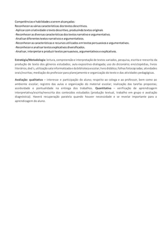 Competênciase habilidadesaseremalcançadas:
Reconhecerasváriascaracterísticas dostextosdescritivos.
-Aplicarcomcriatividade otextodescritivo,produzindotextosoriginais
-Reconhecerasdiversascaracterísticasdostextosnarrativoe argumentativo.
-Analisardiferentestextosnarrativose argumentativos.
-Reconhecerascaracterísticase recursosutilizados emtextospersuasivose argumentativos.
-Reconhecere analisartextosexplicativosdiversificados.
-Analisar,interpretare produzirtextospersuasivos,argumentativose explicativos.
Estratégia/Metodologia:leitura, compreensãoe interpretação de textos variados, pesquisa, escrita e reescrita da
produção de texto dos gêneros estudados; aula expositivo-dialogada; uso do dicionário; enciclopédias, livros
literários;dvd´s,utilizaçãosalainformatizadae dabibliotecaescolar;livrodidático;folhasfotocopiadas; atividades
orais/escritas; mediação do professor para planejamento e organização do texto e das atividades pedagógicas.
Avaliação: qualitativa – interesse e participação do aluno; respeito ao colega e ao professor, bem como ao
ambiente escolar; registro das aulas e organização do material escolar; realização das tarefas propostas;
assiduidade e pontualidade na entrega dos trabalhos. Quantitativa – verificação de aprendizagem
interpretativa/escrita/reescrita dos conteúdos estudados (produção textual, trabalho em grupo e avaliação
diagnóstica). Haverá recuperação paralela quando houver necessidade e se revelar importante para a
aprendizagem do aluno.
 