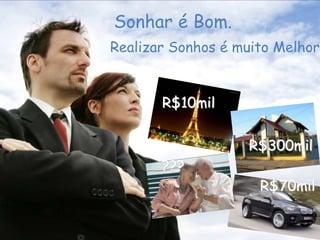 Sonhar é Bom.
Realizar Sonhos é muito Melhor!
R$10mil
R$300mil
???
R$70mil
 