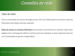 9
Conexões de rede
Tipos de redes
Entre as dimensões da área de abrangência das LAN e das WAN podemos encontrar redes de
dimensões intermédias como por exemplo:
Redes de campus ou (Campus Networks) que consistem normalmente em diversas redes locais
ligadas entre si abrangendo edifícios vizinhos (como por exemplo, os vários departamentos de
uma universidade ou grande unidade fabril).
UFCD 0771 – Conexões de rede
 