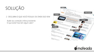 SOLUÇÃO
2. DESCUBRA O QUE VOCÊ POSSUI E DE ONDE ISSO VEM
Avalie seu conteúdo online já existente:
O que existe? Isso tem algum valor?

 