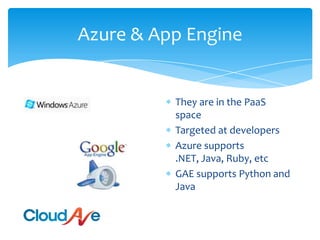 Azure & App EngineThey are in the PaaS spaceTargeted at developersAzure supports .NET, Java, Ruby, etcGAE supports Python and Java