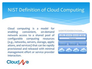 NIST Definition of Cloud ComputingCloud computing is a model for enabling convenient, on-demand network access to a shared pool of configurable computing resources (e.g., networks, servers, storage, applications, and services) that can be rapidly provisioned and released with minimal management effort or service provider interaction. 