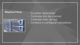▫ Escolher datacenter
▫ Contratar link de internet
▫ Contratar links de voz
▫ Comprar e configurar roteadores
Máquinas Físicas
 