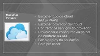 Máquinas
Virtuais
▫ Escolher tipo de cloud
(IAAS/PAAS)
▫ Escolher provedor de Cloud
▫ Contratar os serviços do provedor
▫ Provisionar e configurar via painel
de controle ou API
▫ Faz o deploy da aplicação
▫ Bota pra rodar
 