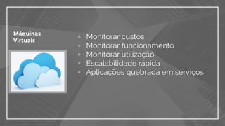 ▫ Monitorar custos
▫ Monitorar funcionamento
▫ Monitorar utilização
▫ Escalabilidade rápida
▫ Aplicações quebrada em serviços
Máquinas
Virtuais
 