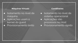 ● Isolamento no nível de
sistema operacional
● Aplicações são
processos no Host
● Provisionamento rápido
● Isolamento no nível de
máquina
● Aplicações usam o
kernel do guest
● Provisionamento lento
Máquinas Virtuais Contêineres
 