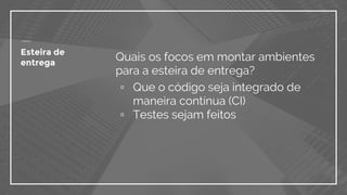 Quais os focos em montar ambientes
para a esteira de entrega?
▫ Que o código seja integrado de
maneira contínua (CI)
▫ Testes sejam feitos
Esteira de
entrega
 
