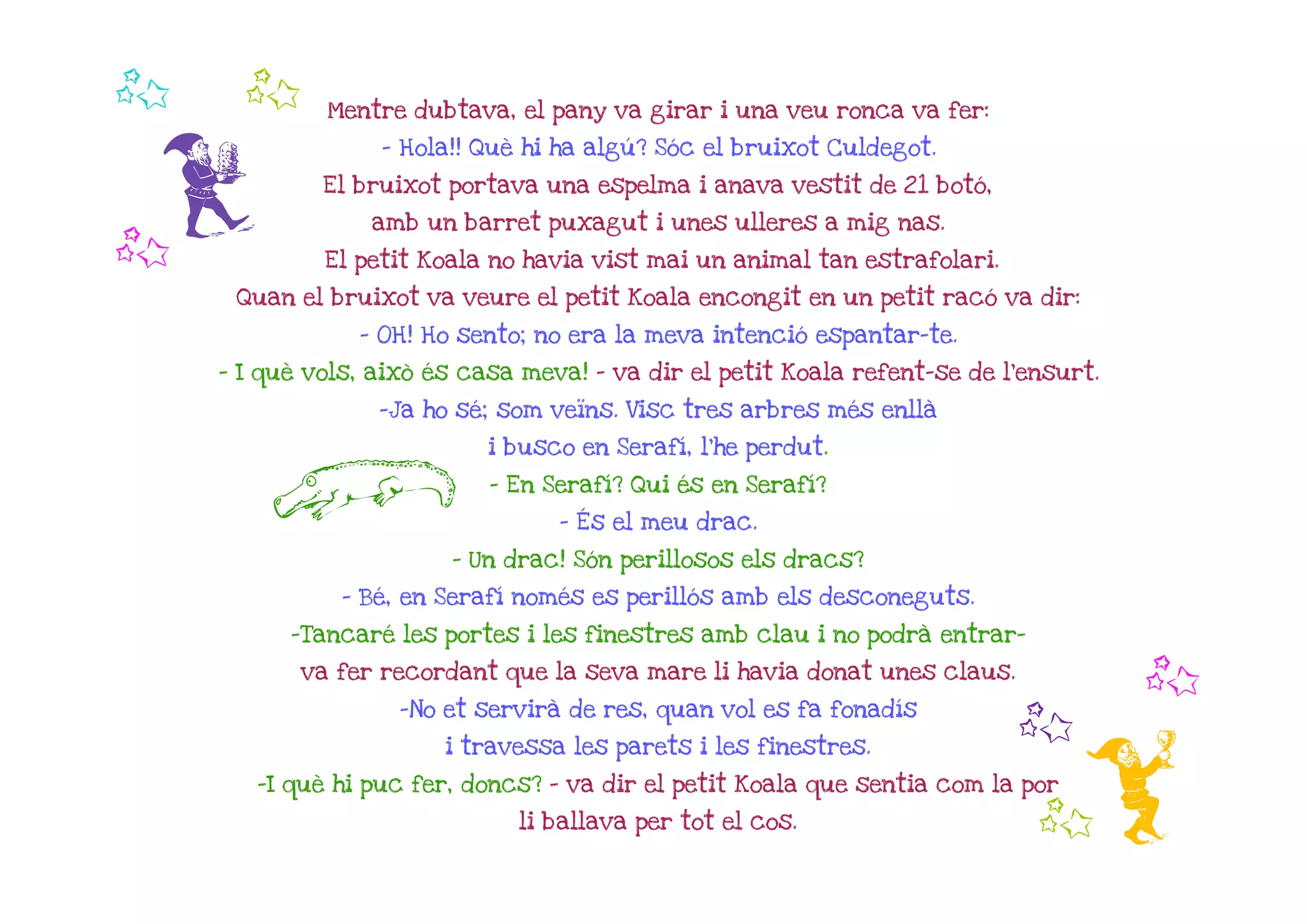 b    b       Mentre dubtava, el pany va girar i una veu ronca va fer:




 f
                  - Hola!! Què hi ha algú? Sóc el bruixot Culdegot.

             El bruixot portava una espelma i anava vestit de 21 botó,
                 amb un barret puxagut i unes ulleres a mig nas.
b            El petit Koala no havia vist mai un animal tan estrafolari.
     Quan el bruixot va veure el petit Koala encongit en un petit racó va dir:

                - OH! Ho sento; no era la meva intenció espantar-te.
    - I què vols, això és casa meva! - va dir el petit Koala refent-se de l'ensurt.

                  -Ja ho sé; som veïns. Visc tres arbres més enllà
                            i busco en Serafí, l'he perdut.

        L                   - En Serafí? Qui és en Serafí?
                                  - És el meu drac.

                        - Un drac! Són perillosos els dracs?
               - Bé, en Serafí només es perillós amb els desconeguts.

          -Tancaré les portes i les finestres amb clau i no podrà entrar-
           va fer recordant que la seva mare li havia donat unes claus.
                                                                                      b
                    -No et servirà de res, quan vol es fa fonadís
                                                                           b
                                                                                 i
                        i travessa les parets i les finestres.

       -I què hi puc fer, doncs? - va dir el petit Koala que sentia com la por
                              li ballava per tot el cos.                    b
 