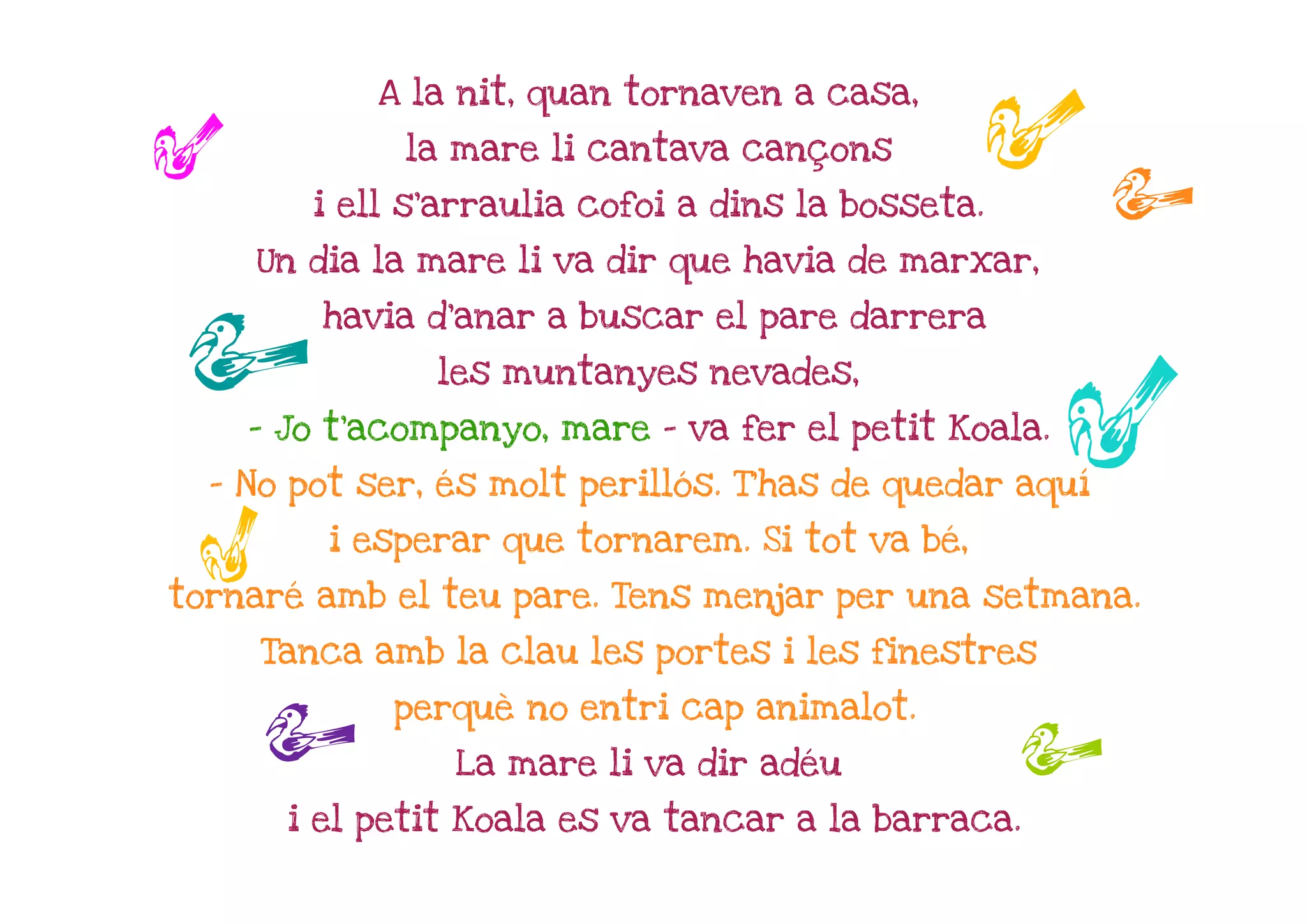 A la nit, quan tornaven a casa,

r            la mare li cantava cançons

        i ell s'arraulia cofoi a dins la bosseta.
                                                    rr
    Un dia la mare li va dir que havia de marxar,


r       havia d'anar a buscar el pare darrera

               les muntanyes nevades,

    - Jo t'acompanyo, mare – va fer el petit Koala.

  - No pot ser, és molt perillós. T'has de quedar aquí
                                                      r
         i esperar que tornarem. Si tot va bé,
  r
tornaré amb el teu pare. Tens menjar per una setmana.

     Tanca amb la clau les portes i les finestres

     r      perquè no entri cap animalot.

                La mare li va dir adéu              r
      i el petit Koala es va tancar a la barraca.
 
