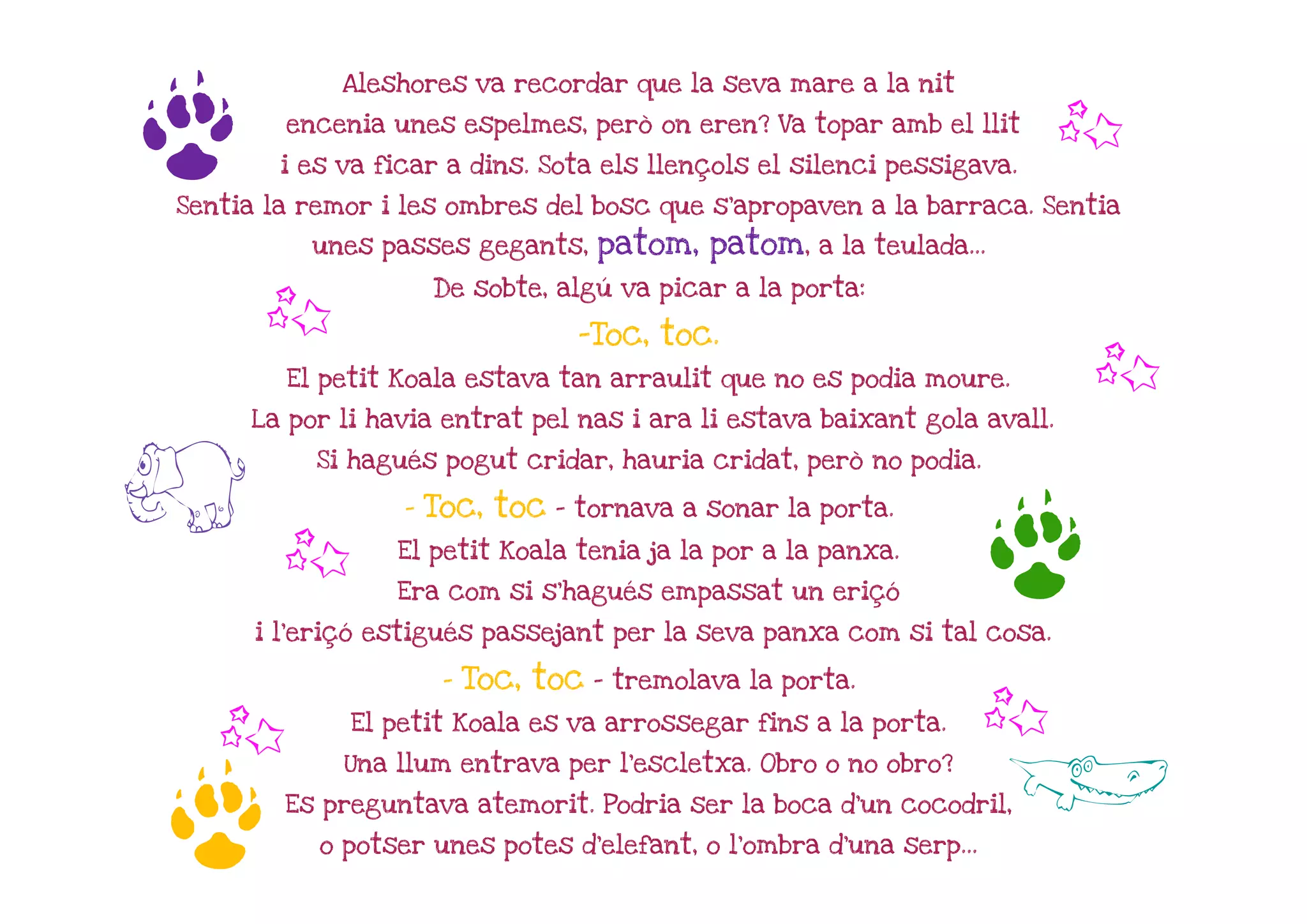 Aleshores va recordar que la seva mare a la nit



g       encenia unes espelmes, però on eren? Va topar amb el llit

        i es va ficar a dins. Sota els llençols el silenci pessigava.
                                                                        b
Sentia la remor i les ombres del bosc que s'apropaven a la barraca. Sentia
          unes passes gegants,       patom, patom, a la teulada...
                      De sobte, algú va picar a la porta:
      b                            -Toc, toc.
        El petit Koala estava tan arraulit que no es podia moure.         b
     La por li havia entrat pel nas i ara li estava baixant gola avall.



H
           Si hagués pogut cridar, hauria cridat, però no podia.

                      Toc, toc - tornava a sonar la porta.


                                                                     g
                  -

       b         El petit Koala tenia ja la por a la panxa.

                 Era com si s'hagués empassat un eriçó

      i l'eriçó estigués passejant per la seva panxa com si tal cosa.

                       -   Toc, toc – tremolava la porta.

  b          El petit Koala es va arrossegar fins a la porta.    b
             Una llum entrava per l'escletxa. Obro o no obro?
                                                                     A
g       Es preguntava atemorit. Podria ser la boca d'un cocodril,

           o potser unes potes d'elefant, o l'ombra d'una serp...
 