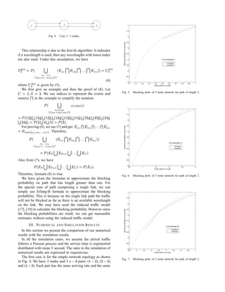 1                                                      2                                          3                                                        −1


                                                                                                                                                                            −1.5


                                       Fig. 4.                       Case 1: 3 nodes.                                                                                        −2


                                                                                                                                                                            −2.5




                                                                                                                                      Blocking probability (in log scale)
                                                                                                                                                                             −3
   This relationship is due to the ﬁrst-ﬁt algorithm. It indicates
                                                                                                                                                                            −3.5
if a wavelength is used, then any wavelengths with lower index
are also used. Under this assumption, we have                                                                                                                                −4                                                # of wavelength=5

                                                                                                                                                                                                                                      simulation
                                                                                                                                                                            −4.5                                                      numerical


 ¢ £ ‰ e7 7 ¢
        ‡                                                                                        '%
                                                                                                 %%         ‰ e7 7  £ q)
                                                                                                              ‡
                                   ¡                                                                                   ) ¥˜ 6
                                                             ” ˜ 6                d˜ 6                                                                                  −5
                      ” ” ¨¦¢ £ £ ¤ ¢
                           ¥ £
                           §                         §
                         ˜    © ¨
                                 ©    ˜   ¥           F                                                                                                                  −5.5


           ˆ7 7 
           ‰‡                                                                                                                  (8)                                           −6
                                                                                                                                                                                   0    0.1   0.2       0.3       0.4         0.5        0.6           0.7       0.8    0.9   1
where      is given by (5).                                                                                                                                                                                       Arrival rate for a s−d pair

  We ﬁrst give an example and then the proof of (8). Let
b £ 1$ e £ ¡  . We use indices to represent the events and                                                                           Fig. 5.                                           Blocking prob. of 3 node network for path of length 2.

remove   in the example to simplify the notation.
              

                                                        ¢       ¡                    ) i 5W –  –
                                                                                          –
                            ˜   dd ¢˜ ” © ¢ ” ˜ 
                                                §                       
                                                                       ©
                                                                          ¢    §                                                                                           −1


                                                                                                                                                                            −1.5
  … § b ¦ … eˆ§  … e b  … § b  … ¦  … ¦  … b ¦   ¢ £                                                         ˆ§ ¦ … e b ¦
                        % ) b  ¢ £ ) e e … § … § b  ¢ £ ) e§ b …                  e
                                                                                                                    e                                                        −2



  e™6  ” ¢6
    For proving (8), we use (7) and get:
    d˜        ˜                                                                       £                                ˜ '%
                                                                                                                   ¥ ™6 
                                                                                                                             %%       Blocking probability (in log scale)
                                                                                                                                                                            −2.5


                      . Therefore,                 ) 0¥ ˜ ( ( C˜ ” ˜ '¨$6
                                                                d (         % # !                                                                                        −3




˜™6  %  C™6 2” ™6 
          %%                                                 ¡                                                       ) ’)                                                   −3.5
                   d˜  ˜                                                    ¢                                ¥
                                               § '¢ £ £ £ ” ¢
                                                     ¥                 § ¨                                                                                                  −4                                                           # of wavelength=10
                                             F ¥ ˜ © 1© ” ˜
                                                                                                                                                                                                                                                   simulation
                                                                                                                                                                            −4.5                                                                    numerical
       ) F 6 ¡ '% ¡  47 6 ¡ 7 6  ¢ £
                %%            3
                                                                                                                                                                             −5


Also from (7), we have                                                                                                                                                      −5.5


                      7 6 ¢   ¡        47
                                         3
                                                             ¡         '%
                                                                       %%      ¡      %) 7 6 ¢ £ ) F 6                                                                      −6
                                            6                                                                                                                                 0.5             1                   1.5                     2
                                                                                                                                                                                                                  Arrival rate for a s−d pair
                                                                                                                                                                                                                                                                 2.5          3



Therefore, formula (8) is true.                                                                                                      Fig. 6.                                           Blocking prob. of 3 node network for path of length 2.
   We have given the formulas to approximate the blocking
probability on path that has length greater than one. For
the special case of path comprising a single link, we can
simply use Erlang-B formula to approximate the blocking                                                                                                                      −1

probability. This is because on the single link path the trafﬁc                                                                                                             −1.5
will not be blocked as far as there is an available wavelength
                                                                                                                                                                             −2
on the link. We may have used the reduced trafﬁc model
[17], [18] to calculate the blocking probability. However since                                                                                                             −2.5
                                                                                                                                      Blocking probability (in log scale)




the blocking probabilities are small, we can get reasonable                                                                                                                  −3

estimates without using the reduced trafﬁc model.
                                                                                                                                                                            −3.5

            III. N UMERICAL                                  AND          S IMULATION R ESULTS                                                                               −4                                                      # of wavelength=20

   In this section we present the comparison of our numerical                                                                                                               −4.5
                                                                                                                                                                                                                                                simulation
                                                                                                                                                                                                                                                numerical

results with the simulation results.
                                                                                                                                                                             −5
   In all the simulation cases, we assume the arrival trafﬁc
follows a Poisson process and the service time is exponential
                                                                                                                                                                           −5.5


distributed with mean second. The rates in the simulation of                                                                                                                 −6
                                                                                                                                                                              2.5        3        3.5         4        4.5           5           5.5         6         6.5    7
numerical results are expressed in requests/sec.                                                                                                                                                                  Arrival rate for a s−d pair


   The ﬁrst case is for the simple network topology as shown
in Fig. 4. We have 3 nodes and 3           pairs: (     ), (   )                     ¦ ¤ £                 ¦ ¤             b ¤ ¦    Fig. 7.                                           Blocking prob. of 3 node network for path of length 2.

and (    b d¤ 
            ). Each pair has the same arriving rate and the same
 