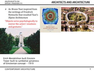 ANUPA BHATTA 206
DIPESH PRADHAN 215

ARCHITECTS AND ARCHITECTURE

 Ar. Bruno Taut inspired from
the writings of Friedrich
Nietzsche that resulted Taut’s
Alpine Architecture
“Objects serve psychologically to
mirror the actors' emotions
and gestures."

Erich Mendelshon built Einstein
Tower built to symbolize greatness
of Einstienian concept - 1919
CONTEMPORARY ARCHITECTURE

9

 