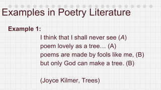 Examples in Poetry Literature
Example 1:
I think that I shall never see (A)
poem lovely as a tree… (A)
poems are made by fools like me, (B)
but only God can make a tree. (B)
(Joyce Kilmer, Trees)
 