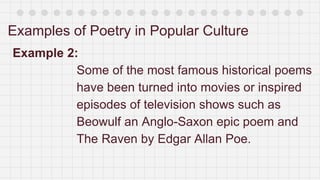 Examples of Poetry in Popular Culture
Example 2:
Some of the most famous historical poems
have been turned into movies or inspired
episodes of television shows such as
Beowulf an Anglo-Saxon epic poem and
The Raven by Edgar Allan Poe.
 