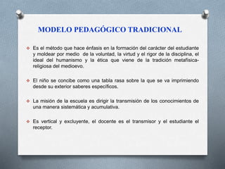 MODELO PEDAGÓGICO TRADICIONAL 
 Es el método que hace énfasis en la formación del carácter del estudiante 
y moldear por medio de la voluntad, la virtud y el rigor de la disciplina, el 
ideal del humanismo y la ética que viene de la tradición metafísica-religiosa 
del medioevo. 
 El niño se concibe como una tabla rasa sobre la que se va imprimiendo 
desde su exterior saberes específicos. 
 La misión de la escuela es dirigir la transmisión de los conocimientos de 
una manera sistemática y acumulativa. 
 Es vertical y excluyente, el docente es el transmisor y el estudiante el 
receptor. 
 
