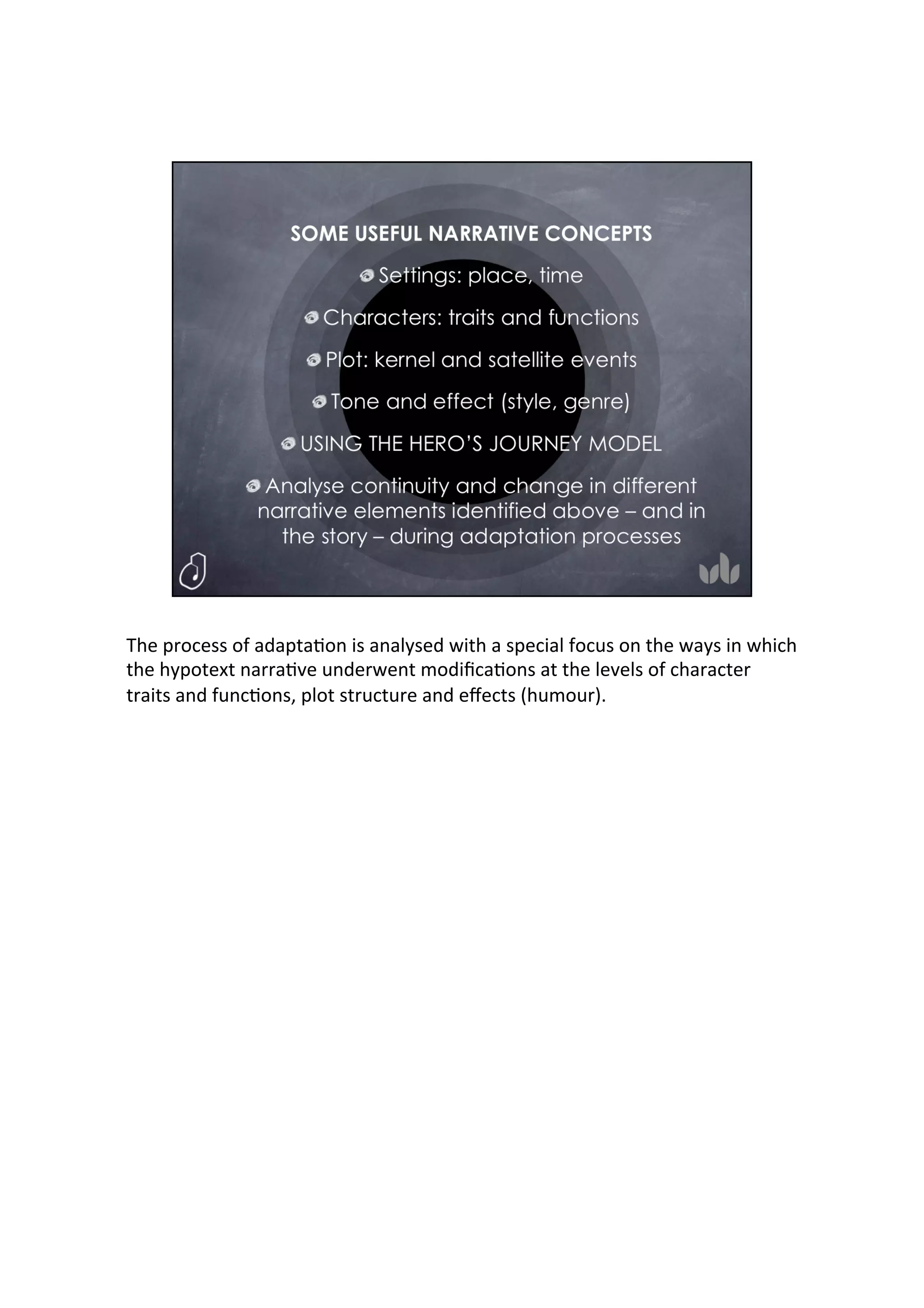 The	
  process	
  of	
  adapta=on	
  is	
  analysed	
  with	
  a	
  special	
  focus	
  on	
  the	
  ways	
  in	
  which	
  
the	
  hypotext	
  narra=ve	
  underwent	
  modiﬁca=ons	
  at	
  the	
  levels	
  of	
  character	
  
traits	
  and	
  func=ons,	
  plot	
  structure	
  and	
  eﬀects	
  (humour).	
  
	
  
11
 