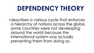 DEPENDENCY THEORY
•describes a various cycle that enforces
a hierarchy of nations across the globe.
some countries were not developing
around the world because the
international system was actually
preventing them from doing so.
 