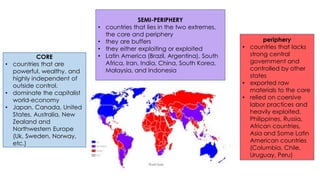 CORE
• countries that are
powerful, wealthy, and
highly independent of
outside control.
• dominate the capitalist
world-economy
• Japan, Canada, United
States, Australia, New
Zealand and
Northwestern Europe
(Uk, Sweden, Norway,
etc.)
SEMI-PERIPHERY
• countries that lies in the two extremes,
the core and periphery
• they are buffers
• they either exploiting or exploited
• Latin America (Brazil, Argentina), South
Africa, Iran, India, China, South Korea,
Malaysia, and Indonesia
periphery
• countries that lacks
strong central
government and
controlled by other
states
• exported raw
materials to the core
• relied on coersive
labor practices and
heavily exploited.
Philippines, Russia,
African countries,
Asia and Some Latin
American countries
(Columbia, Chile,
Uruguay, Peru)
 