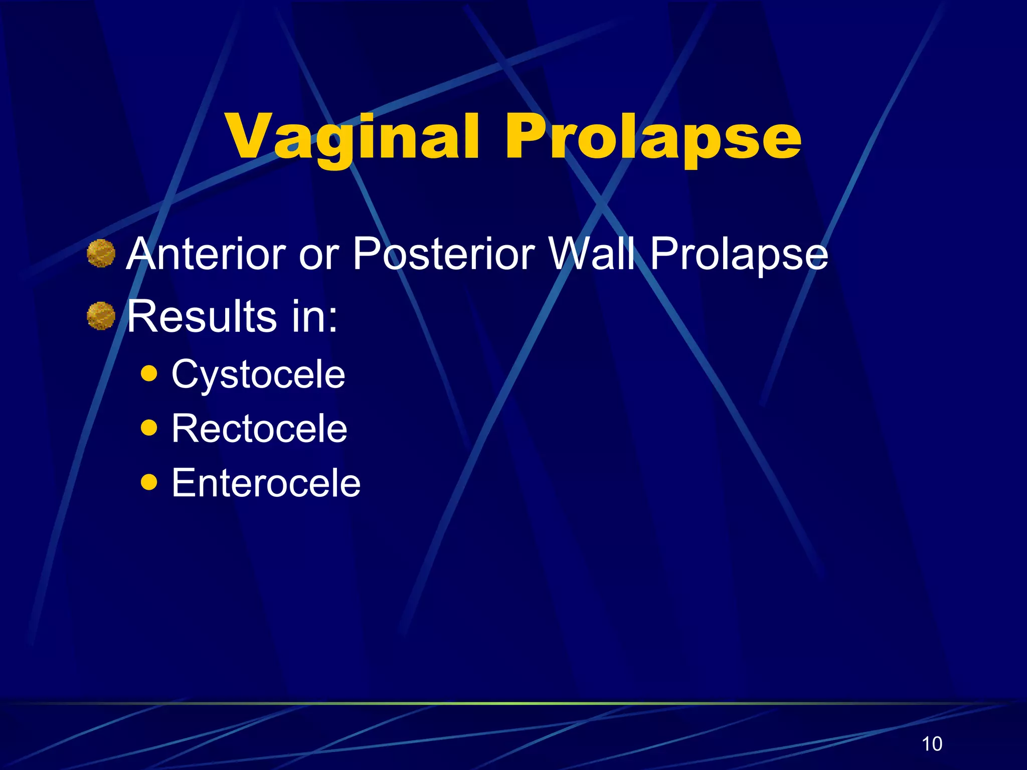 Vaginal Prolapse Anterior or Posterior Wall Prolapse Results in: Cystocele Rectocele Enterocele 