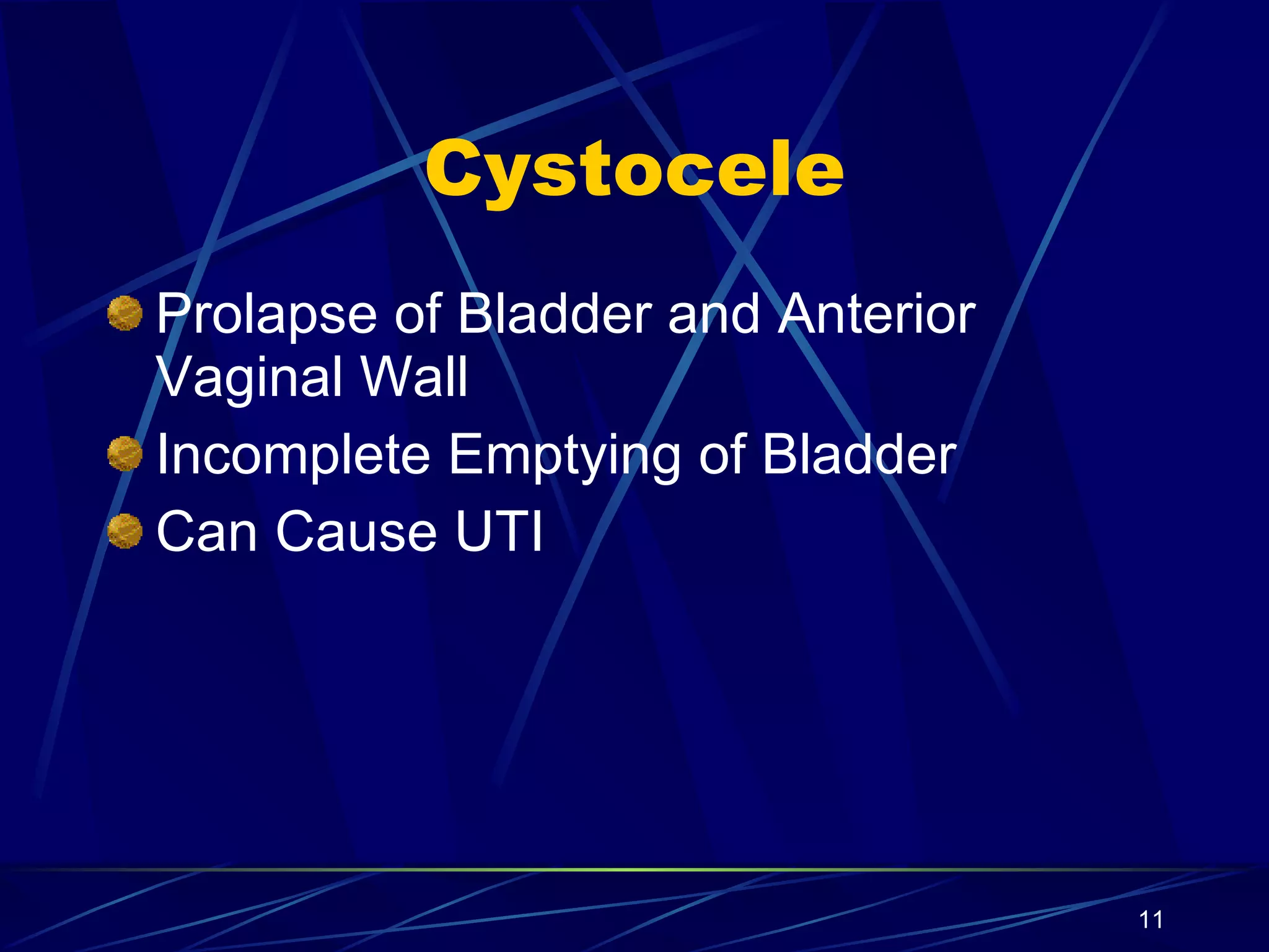 Cystocele Prolapse of Bladder and Anterior Vaginal Wall Incomplete Emptying of Bladder Can Cause UTI 
