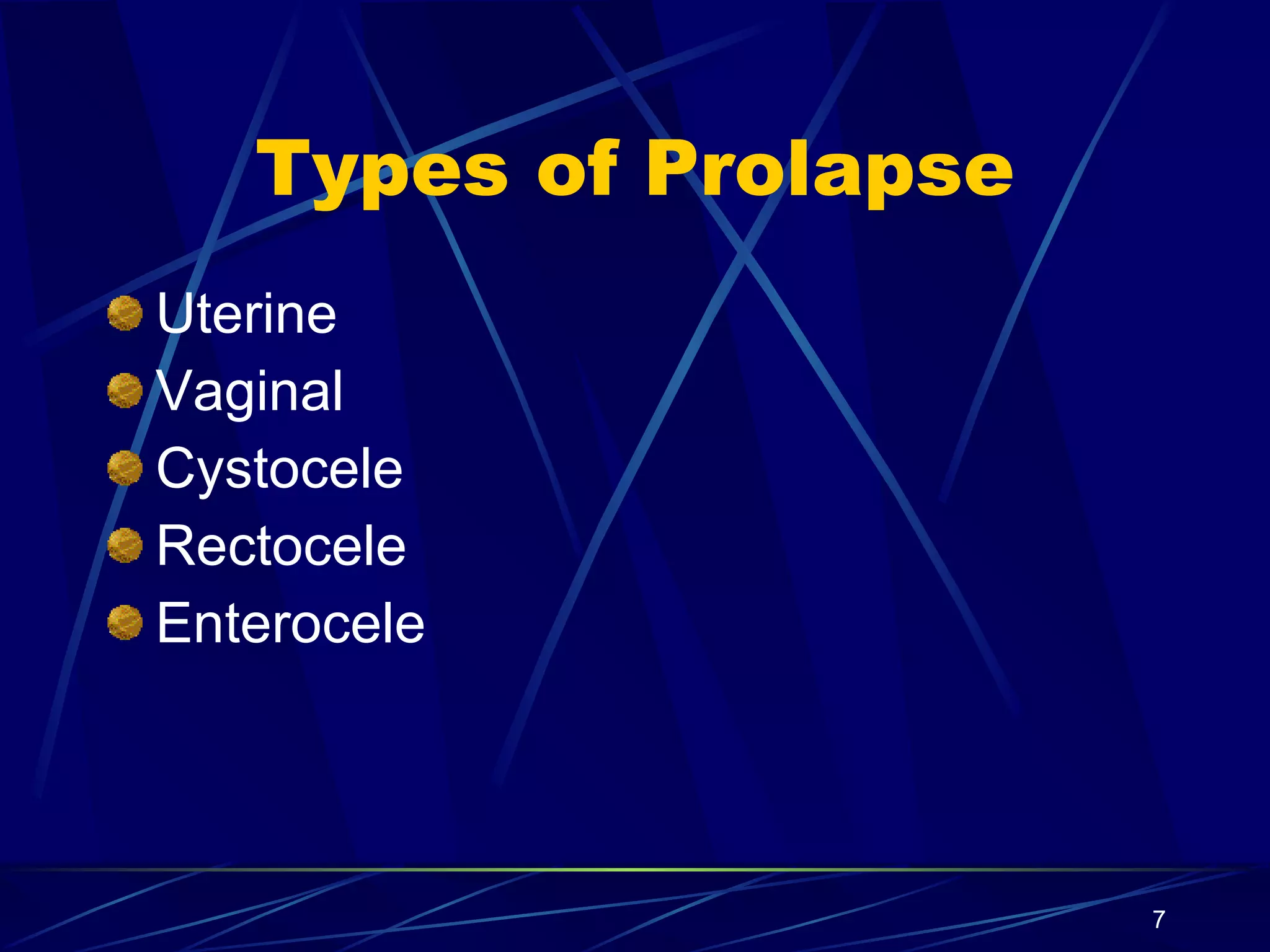 Types of Prolapse Uterine Vaginal Cystocele Rectocele Enterocele 