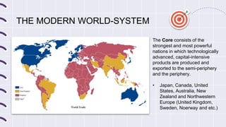 THE MODERN WORLD-SYSTEM
The Core consists of the
strongest and most powerful
nations in which technologically
advanced, capital-intensive
products are produced and
exported to the semi-periphery
and the periphery.
• Japan, Canada, United
States, Australia, New
Zealand and Northwestern
Europe (United Kingdom,
Sweden, Noerway and etc.)
 