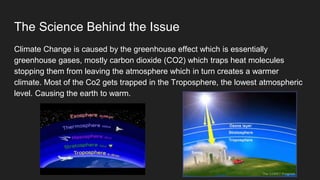 The Science Behind the Issue
Climate Change is caused by the greenhouse effect which is essentially
greenhouse gases, mostly carbon dioxide (CO2) which traps heat molecules
stopping them from leaving the atmosphere which in turn creates a warmer
climate. Most of the Co2 gets trapped in the Troposphere, the lowest atmospheric
level. Causing the earth to warm.
 