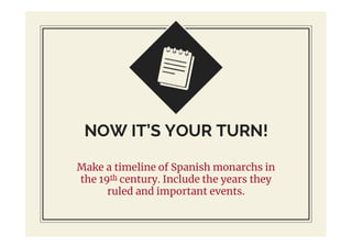 NOW IT’S YOUR TURN!
Make a timeline of Spanish monarchs in
the 19th century. Include the years they
ruled and important events.
 