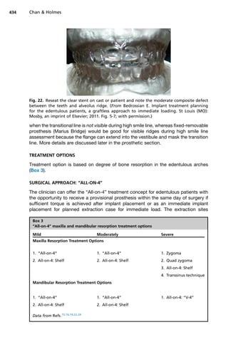 when the transitional line is not visible during high smile line, whereas fixed-removable
prosthesis (Marius Bridge) would be good for visible ridges during high smile line
assessment because the flange can extend into the vestibule and mask the transition
line. More details are discussed later in the prosthetic section.
TREATMENT OPTIONS
Treatment option is based on degree of bone resorption in the edentulous arches
(Box 3).
SURGICAL APPROACH: “ALL-ON-4”
The clinician can offer the “All-on-4” treatment concept for edentulous patients with
the opportunity to receive a provisional prosthesis within the same day of surgery if
sufficient torque is achieved after implant placement or as an immediate implant
placement for planned extraction case for immediate load. The extraction sites
Fig. 22. Reseat the clear stent on cast or patient and note the moderate composite defect
between the teeth and alveolus ridge. (From Bedrossian E. Implant treatment planning
for the edentulous patients, a graftless approach to immediate loading. St Louis (MO):
Mosby, an imprint of Elsevier; 2011. Fig. 5-7; with permission.)
Box 3
“All-on-4” maxilla and mandibular resorption treatment options
Mild Moderately Severe
Maxilla Resorption Treatment Options
1. “All-on-4”
2. All-on-4: Shelf
1. “All-on-4”
2. All-on-4: Shelf
1. Zygoma
2. Quad zygoma
3. All-on-4: Shelf
4. Transsinus technique
Mandibular Resorption Treatment Options
1. “All-on-4”
2. All-on-4: Shelf
1. “All-on-4”
2. All-on-4: Shelf
1. All-on-4: “V-4”
Data from Refs.15,16,19,22,24
Chan  Holmes
434
 