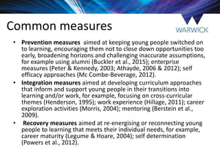 Common measures
• Prevention measures aimed at keeping young people switched on
to learning, encouraging them not to close down opportunities too
early, broadening horizons and challenging inaccurate assumptions,
for example using alumni (Buckler et al., 2015); enterprise
measures (Peter & Kennedy, 2003; Athayde, 2006 & 2012); self
efficacy approaches (Mc Combe-Beverage, 2012).
• Integration measures aimed at developing curriculum approaches
that inform and support young people in their transitions into
learning and/or work, for example, focusing on cross-curricular
themes (Henderson, 1995); work experience (Hillage, 2011); career
exploration activities (Morris, 2004); mentoring (Berstein et al.,
2009).
• Recovery measures aimed at re-energising or reconnecting young
people to learning that meets their individual needs, for example,
career maturity (Legume & Hoare, 2004); self determination
(Powers et al., 2012).
 